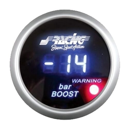 Simoni Racing ΜΠΑΡΟΜΕΤΡΟ ΨΗΦΙΑΚΟ 58mm (ΜΠΛΕ ΦΩΤΙΣΜΟΣ/WARNING LED ΣΤΑ 3 BAR/ΑΙΣΘΗΤΗΡΕΣ ΜΑΥΡΟ ΚΑΝΤΡΑΝ/ΑΣΗΜΙ ΠΛΑΙΣΙΟ)