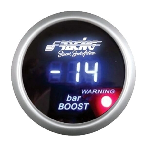 Simoni Racing ΜΠΑΡΟΜΕΤΡΟ ΨΗΦΙΑΚΟ 58mm (ΜΠΛΕ ΦΩΤΙΣΜΟΣ/WARNING LED ΣΤΑ 3 BAR/ΑΙΣΘΗΤΗΡΕΣ ΜΑΥΡΟ ΚΑΝΤΡΑΝ/ΑΣΗΜΙ ΠΛΑΙΣΙΟ)