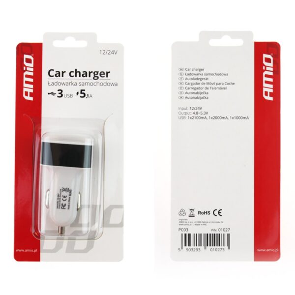 Amio ΦΟΡΤΙΣΤΗΣ ΑΝΑΠΤΗΡΑ ΜΕ 3 ΘΥΡΕΣ USB 12/24V 5100mA (1Α, 2Α, 2.1Α) AMiO - 1 ΤΕΜ. - Image 4