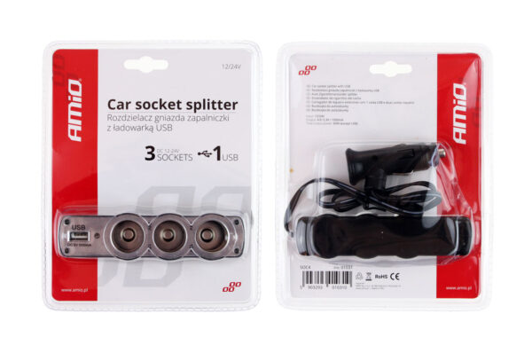 Amio ΑΝΤΑΠΤΟΡΑΣ ΑΝΑΠΤΗΡΑ ΤΡΙΠΛΟΣ 12/24V ΜΕ USB 5V 500mA KAI ΚΑΛΩΔΙΟ 30cm - Image 2