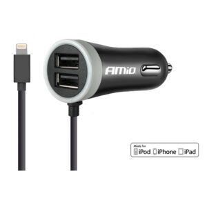 Amio ΦΟΡΤΙΣΤΗΣ ΑΝΑΠΤΗΡΑ 12V 2,4A ΜΕ 2 ΘΥΡΕΣ USB + 1 LIGHTNING USB ΜΕ ΚΑΛΩΔΙΟ AMiO – 1 ΤΕΜ.