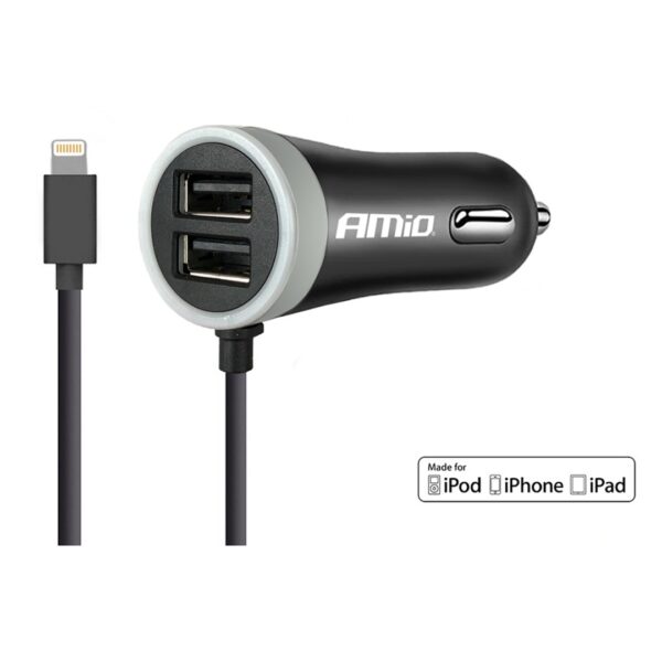 Amio ΦΟΡΤΙΣΤΗΣ ΑΝΑΠΤΗΡΑ 12V 2,4A ΜΕ 2 ΘΥΡΕΣ USB + 1 LIGHTNING USB ΜΕ ΚΑΛΩΔΙΟ AMiO – 1 ΤΕΜ.