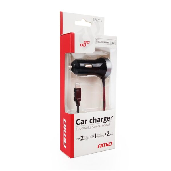 Amio ΦΟΡΤΙΣΤΗΣ ΑΝΑΠΤΗΡΑ 12V 2,4A ΜΕ 2 ΘΥΡΕΣ USB + 1 LIGHTNING USB ΜΕ ΚΑΛΩΔΙΟ AMiO – 1 ΤΕΜ. - Image 2