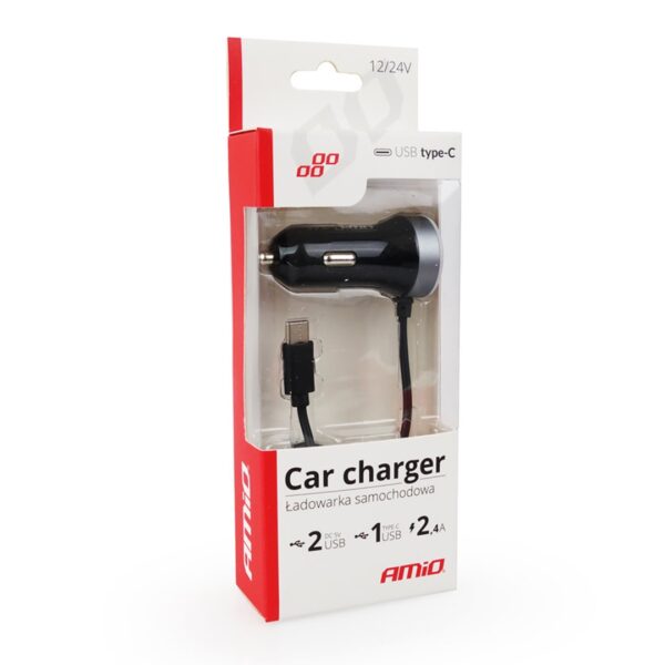 Amio ΦΟΡΤΙΣΤΗΣ ΑΝΑΠΤΗΡΑ 12V 2,4A ΜΕ 2 ΘΥΡΕΣ USB ΚΑΙ 1 TYPE-C USB ΜΕ ΚΑΛΩΔΙΟ AMiO – 1 ΤΕΜ. - Image 2