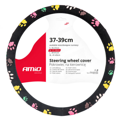 Amio ΚΑΛΥΜΜΑ ΤΙΜΟΝΙΟΥ SWC-46 (M) 37-39cm  ΜΑΥΡΟ ΜΕ ΣΧΕΔΙΟ ΠΟΛΥΧΡΩΜΕΣ ΠΑΤΟΥΣΕΣ ΣΚΥΛΟΥ AMIO – 1 ΤΕΜ.
