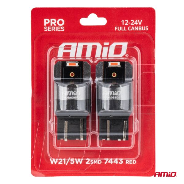 Amio ΛΑΜΠΑΚΙΑ W21/5W 7443 12/24V 6.000K 2xSMD LED FULL CAN-BUS ΚΟΚΚΙΝΟ PRO SERIES  AMIO - 2 Τεμ. - Image 4
