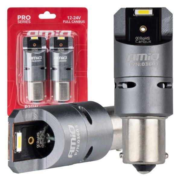 Amio ΛΑΜΠΕΣ P21W BA15S 12/24V 6.000K 2xSMD LED FULL CAN-BUS (ΜΕ ΑΝΕΜΙΣΤΗΡΑΚΙ) ΛΕΥΚΟ PRO SERIES AMIO - 2 ΤΕΜ.