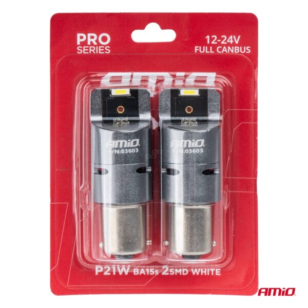 Amio ΛΑΜΠΕΣ P21W BA15S 12/24V 6.000K 2xSMD LED FULL CAN-BUS (ΜΕ ΑΝΕΜΙΣΤΗΡΑΚΙ) ΛΕΥΚΟ PRO SERIES AMIO - 2 ΤΕΜ. - Image 4