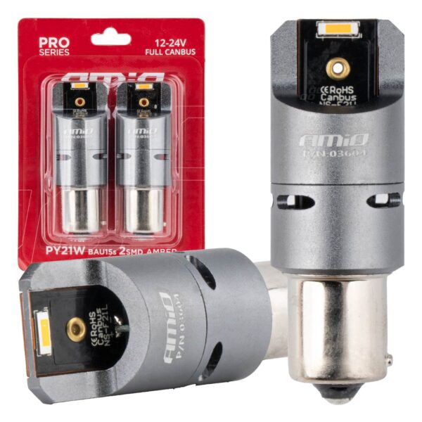 Amio ΛΑΜΠΑΚΙΑ PY21W BAU15s 12/24V 6.000K 2xSMD LED FULL CAN-BUS(ΜΕ ΑΝΕΜΙΣΤΗΡΑΚΙ) ΠΟΡΤΟΚΑΛΙ PRO SERIES AMIO - 2 Τεμ.