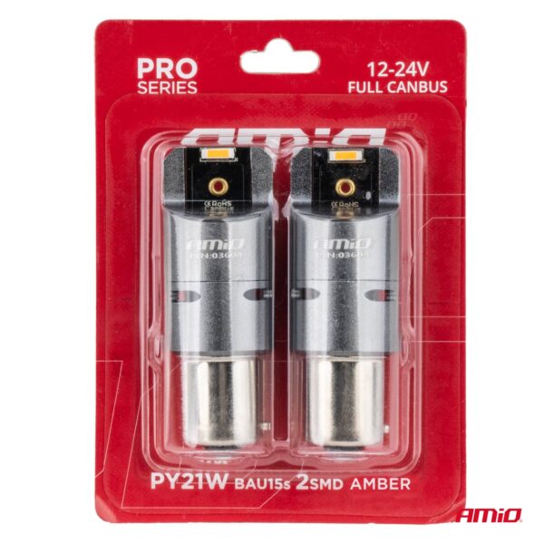 Amio ΛΑΜΠΑΚΙΑ PY21W BAU15s 12/24V 6.000K 2xSMD LED FULL CAN-BUS(ΜΕ ΑΝΕΜΙΣΤΗΡΑΚΙ) ΠΟΡΤΟΚΑΛΙ PRO SERIES AMIO - 2 Τεμ. - Image 4