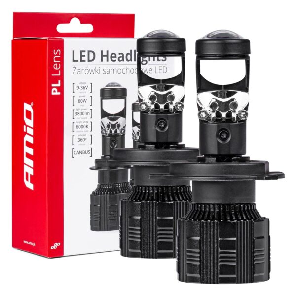 Amio ΛΑΜΠΕΣ H4 PL-LENS SERIES 9>36V 60W 5.000K 3.800lm LED 2x4575 SMD CAN-BUS ΜΕ ΠΡΟΤΖΕΚΤΟΡΑ AMIO - 2 Τεμ.