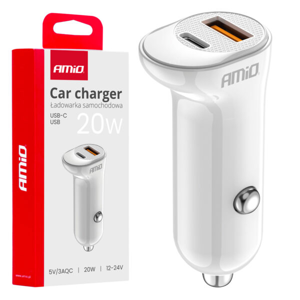 Amio ΦΟΡΤΙΣΤΗΣ ΑΝΑΠΤΗΡΑ 12/24V ΜΕ 2 ΘΥΡΕΣ USB-C+USB 20W 5V/3AQC ΤΑΧΕΙΑΣ ΦΟΡΤΙΣΗΣ ΛΕΥΚΟΣ  AMIO - 1 Τεμ.