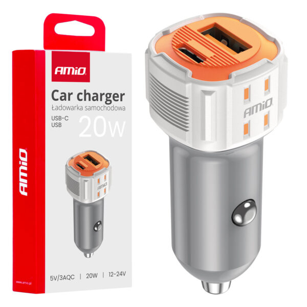 Amio ΦΟΡΤΙΣΤΗΣ ΑΝΑΠΤΗΡΑ 12/24V ΜΕ 2 ΘΥΡΕΣ USB-C+USB 20W 5V/3AQC  ΤΑΧΕΙΑΣ ΦΟΡΤΙΣΗΣ ΛΕΥΚΟΣ AMIO - 1 Τεμ.