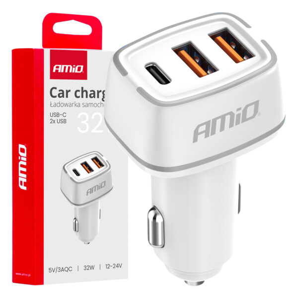 Amio ΦΟΡΤΙΣΤΗΣ ΑΝΑΠΤΗΡΑ 12/24V ΜΕ 3 ΘΥΡΕΣ USB-C+2xUSB 32W 5V/3AQC ΤΑΧΕΙΑΣ ΦΟΡΤΙΣΗΣ ΛΕΥΚΟΣ ΑΜΙΟ - 1 ΤΕΜ.
