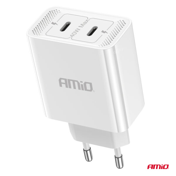 Amio ΦΟΡΤΙΣΤΗΣ ΚΙΝΗΤΟY ΟΙΚΙΑΚΗ ΠΡΙΖΑ 2ΘΥΡΕΣ 2xUSB-C 40W 5V/3AQC ΛΕΥΚΟΣ  ΑΜΙΟ - 1 ΤΕΜ. - Image 2