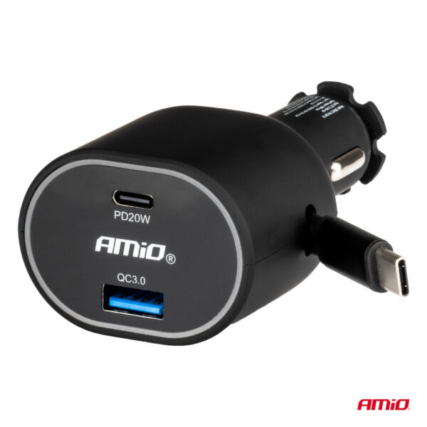 Amio ΦΟΡΤΙΣΤΗΣ ΑΝΑΠΤΗΡΑ ΜΕ 2 ΘΥΡΕΣ USB-C 20W+USB-A QUICK CHARGE 3.0 ΜΕ ΚΑΛΩΔΙΟ USB-C 30W ΜΑΥΡΟ AMIO - 1 Τεμ. - Image 2
