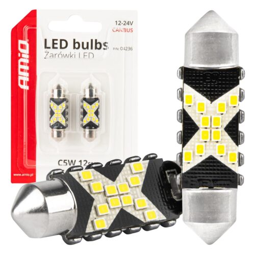 Amio ΛΑΜΠΑΚΙΑ ΠΛΑΦΟΝΙΕΡΑΣ 36mm 12/24V C5W 5500K 12xSMD 2016 CAN-BUS FESTOON (ΛΕΥΚΟ) ΑΜΙΟ – 2 ΤΕΜ.