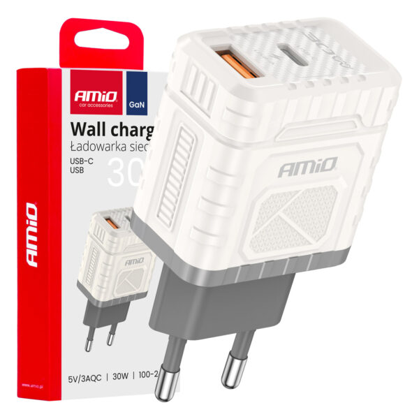 Amio ΦΟΡΤΙΣΤΗΣ ΜΕ ΟΙΚΙΑΚΗ ΠΡΙΖΑ ΜΕ 2 ΘΥΡΕΣ USB-A+USB-C 30W 100-240V ΛΕΥΚΟ AMIO - 1 Τεμ.