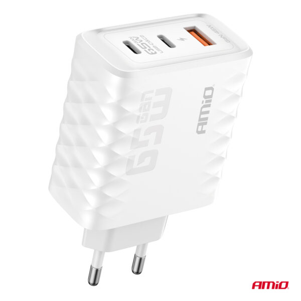 Amio ΦΟΡΤΙΣΤΗΣ ΜΕ ΟΙΚΙΑΚΗ ΠΡΙΖΑ ΜΕ 3 ΘΥΡΕΣ 2xUSB-C+USB-A 65W 100-240V ΛΕΥΚΟ AMIO - 1 Τεμ. - Image 2