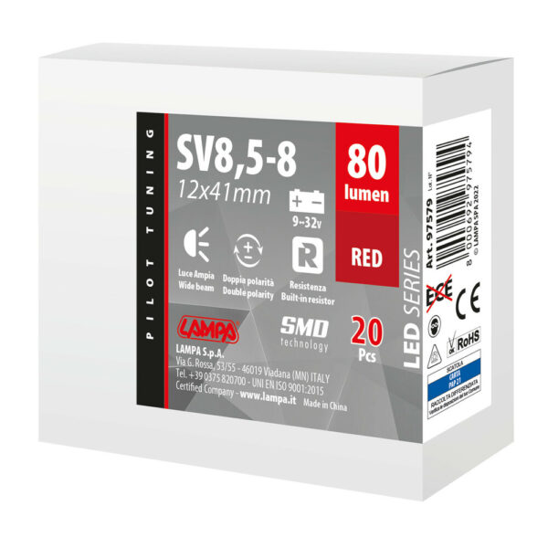 Lampa ΛΑΜΠΑΚΙΑ ΠΛΑΦΟΝΙΕΡΑΣ 9>32V SV28,5-8 2SMDx1CHIP LED 80lm CAN-BUS 12x41mm ΚΟΚΚΙΝΟ ΚΟΥΤΙ LAMPA - 20 ΤΕΜ. - Image 4