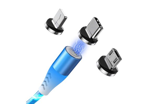 Simoni Racing ΚΑΛΩΔΙΟ USB ΦΟΡΤΙΣΗΣ & ΣΥΓΧΡΟΝΙΣΜΟΥ MICRO USB/TYPE-C/LIGHTING ΜΕ ΜΑΓΝΗΤΙΚΗ ΥΠΟΔΟΧΗ & ΜΠΛΕ ΦΩΣ 100 cm - Image 3