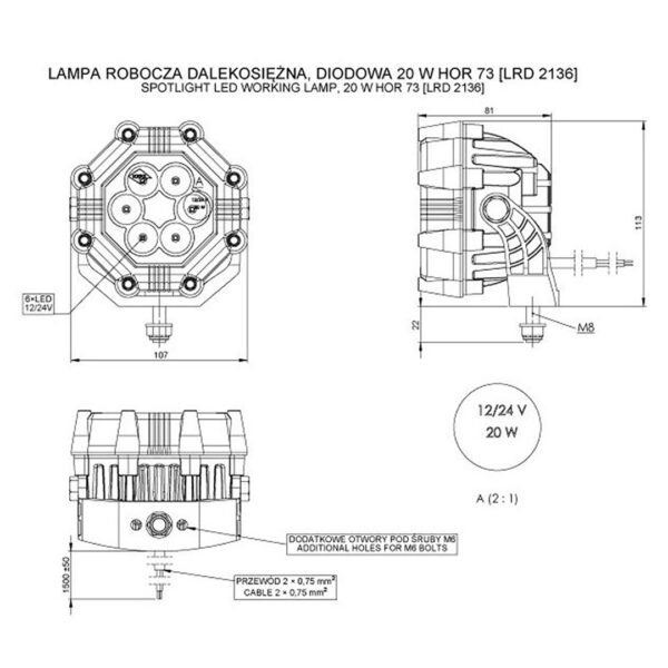 Horpol ΠΡΟΒΟΛΕΑΣ ΕΡΓΑΣΙΑΣ (ΣΠΟΤ) 12/24V HOR73 20W 1800lm 6LED 8ΓΩΝΟΣ 107x81mm - Image 2