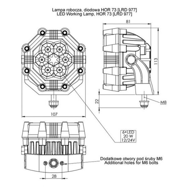 Horpol ΠΡΟΒΟΛΕΑΣ ΕΡΓΑΣΙΑΣ 12/24V HOR73 20W 1800lm 6LED 8ΓΩΝΟΣ 107x81mm - Image 2