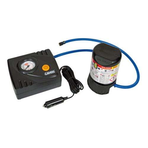 Lampa Κομπρεσέρ Ελαστικών 12V 450ml με υγρό επισκευής 450ml Μανόμετρο ΚΑΙ Μετρητή Πίεσης