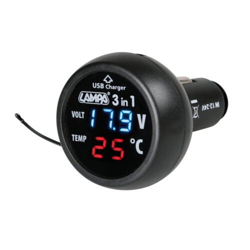 Lampa ΒΟΛΤΟΜΕΤΡΟ ΜΠΑΤΑΡΙΑΣ SMART-PLUG  3 in 1 12/24V 2,1A (ΜΕ ΘΕΡΜΟΜΕΤΡΟ ΚΑΙ ΘΥΡΑ USB)