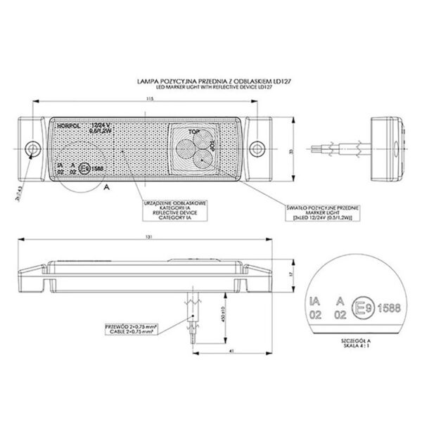 M-Tech ΦΩΣ ΟΓΚΟΥ ΑΝΑΚΛΑΣΤΙΚΟ LD127 12/24V 3LED HORPOL ΛΕΥΚΟ 13 x 3  cm -1ΤΕΜ. - Image 2