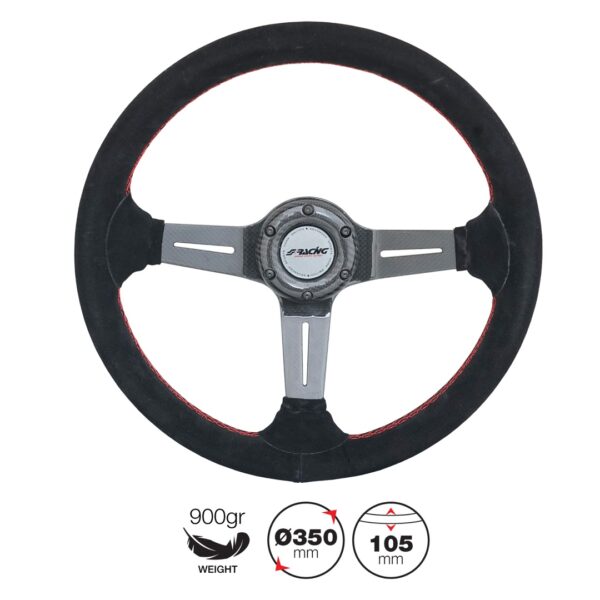 Simoni Racing ΤΙΜΟΝΙ CARLOS ΜΑΥΡΟ/CARBON ΣΟΥΕΤ ΜΕ ΚΟΚΚΙΝΗ ΡΑΦΗ ΤΡΙΑΚΤΙΝΟ ΔΙΑΜΕΤΡΟΣ 350mm ΠΑΧΟΣ 105mm ΒΑΡΟΣ 900gr - Image 2