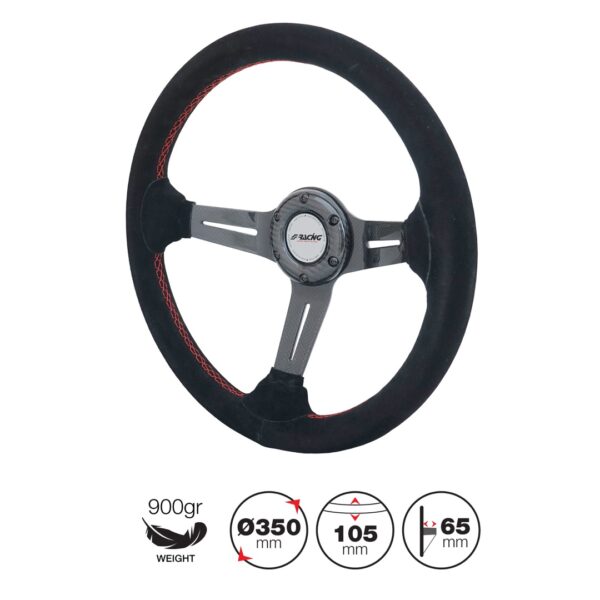 Simoni Racing ΤΙΜΟΝΙ ΤΟΜΜΙ ΜΑΥΡΟ/CARBON ΣΟΥΕΤ ΜΕ ΚΟΚΚΙΝΗ ΡΑΦΗ ΤΡΙΑΚΤΙΝΟ ΔΙΑΜΕΤΡΟΣ 350mm ΒΑΘΟΣ 65mm ΠΑΧΟΣ 105mm - Image 2