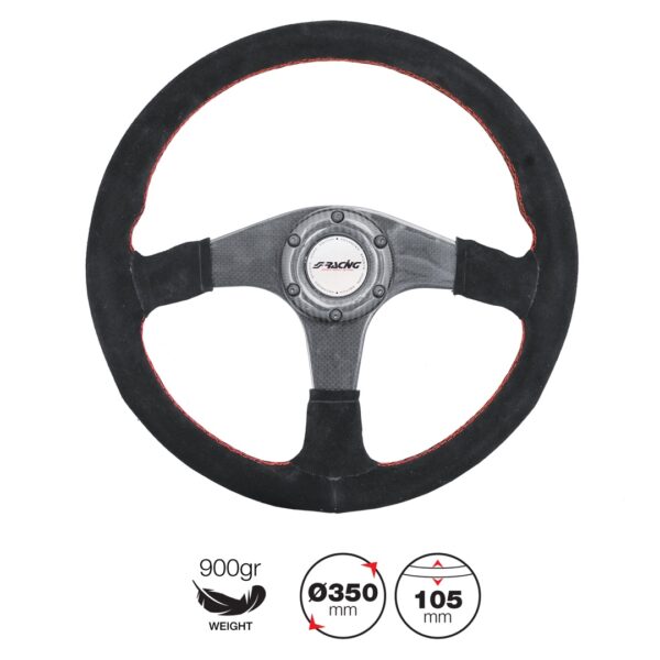 Simoni Racing ΤΙΜΟΝΙ WALTER ΜΑΥΡΟ/CARBON ΣΟΥΕΤ ΜΕ ΚΟΚΚΙΝΗ ΡΑΦΗ ΤΡΙΑΚΤΙΝΟ ΔΙΑΜΕΤΡΟΣ 350mm ΠΑΧΟΣ 105mm ΒΑΡΟΣ 900gr - Image 2