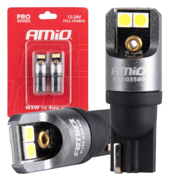 Amio ΛΑΜΠΑΚΙΑ T10 W5W 12/24V 6.000K 4xSMD LED FULL CAN-BUS ΛΕΥΚΟ 3030 PRO SERIES AMIO - 2 Τεμ.