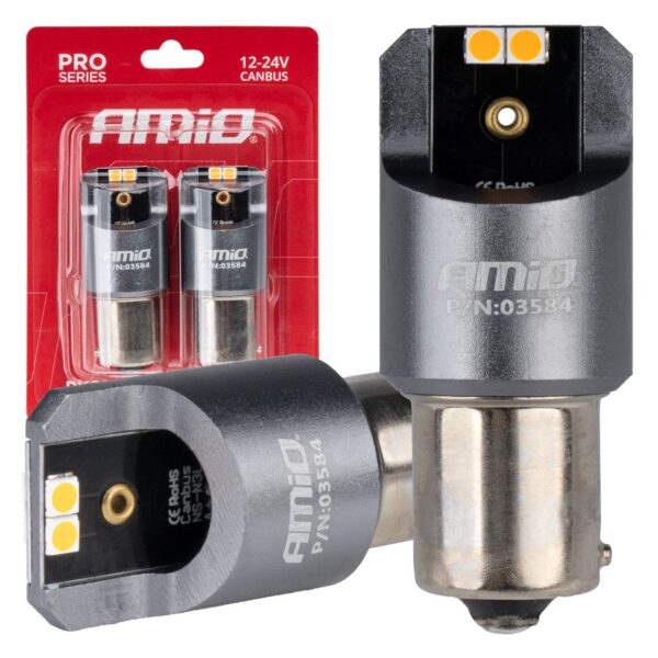 Amio ΛΑΜΠΕΣ LED CAN-BUS PΥ21W BAU15S 12/24V 6.000K 4xSMD ΠΟΡΤΟΚΑΛΙ PRO SERIES AMIO - 2 ΤΕΜ.