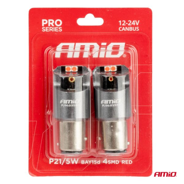 Amio ΛΑΜΠΑΚΙΑ P21/5W BAY15d 12/24V 6.000K 4xSMD LED CAN-BUS ΚΟΚΚΙΝΟ PRO SERIES AMIO - 2 Τεμ. - Image 4