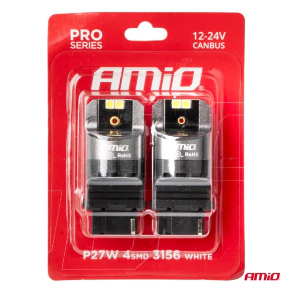 Amio ΛΑΜΠΕΣ P27W 12/24V 6.000K 4SMD LED CAN-BUS ΛΕΥΚΑ PRO SERIES AMIO - 2 ΤΕΜ. - Image 4