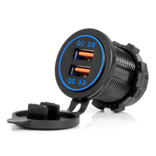 Amio ΠΡΙΖΑ ΜΕ 2 ΘΥΡΕΣ USB ΚΑΙ ΚΑΠΑΚΙ 12/24V QUICK CHARGE 3.0 ΑΔΙΑΒΡΟΧΗ ΜΕ ΜΠΛΕ LED ΦΩΣ ΜΑΥΡΗ AMIO – 1 ΤΕΜ.