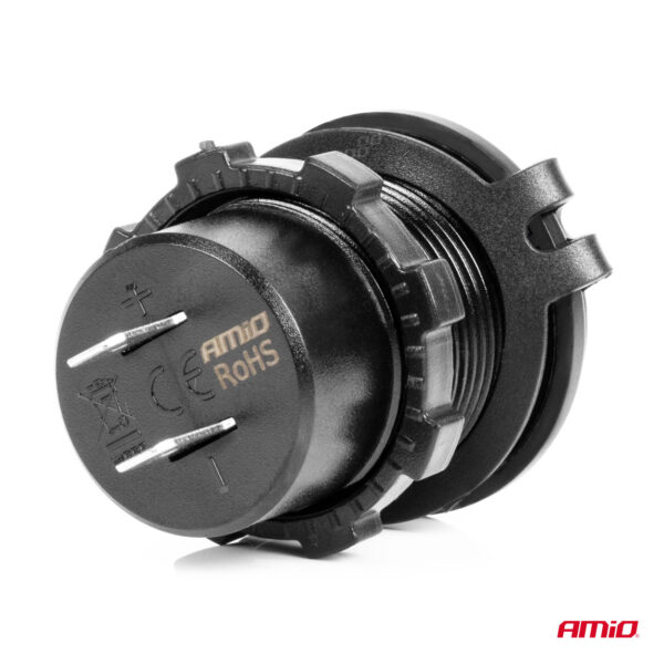 Amio ΠΡΙΖΑ ΜΕ 2 ΘΥΡΕΣ USB ΚΑΙ ΚΑΠΑΚΙ 12/24V QUICK CHARGE 3.0 ΑΔΙΑΒΡΟΧΗ ΜΕ ΜΠΛΕ LED ΦΩΣ ΜΑΥΡΗ AMIO - 1 ΤΕΜ. - Image 2