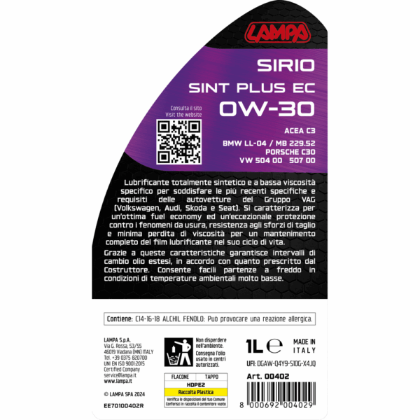 Lampa ΛΑΔΙ ΚΙΝΗΤΗΡΑ OW-30 SIRIO SINT PLUS EC ΣΥΝΘΕΤΙΚΟ ACEA C3 ENERGY CONSERVING 1L LAMPA - 1 ΤΕΜ. - Image 3