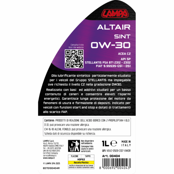 Lampa ΛΑΔΙ ΚΙΝΗΤΗΡΑ 0W30 ΣΥΝΘΕΤΙΚΟ ALTAIR SINT ACEA 2 /API SP /STELLANTIS PSA B71 2312-2302 1LT LAMPA - 1 τεμ. - Image 3