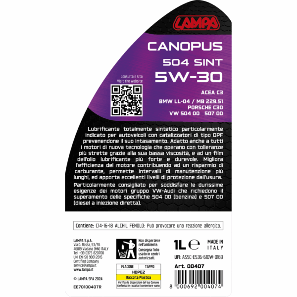 Lampa ΛΑΔΙ ΚΙΝΗΤΗΡΑ SW-30 CANOPUS 504 SINT ΣΥΝΘΕΤΙΚΟ TOP PERFORMANCE 1L LAMPA - 1 ΤΕΜ. - Image 3
