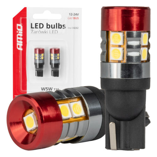 Amio Amio – Λαμπάκια LED CAN Bus Αυτοκινήτου & Φορτηγού τύπου T10 W5W με τάση λειτουργίας 12V/24V 9xSMD 3030 με Λευκό Χρώμα Απόχρωσης 5.500k (Σε χρώμα Κόκκινο-Μαύρο) – 2 Τεμ. (04242/AM)