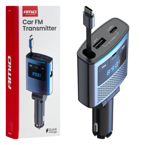 Amio Amio – FM Transmitter Αυτοκινήτου 12/24V με 1xUSB Type-A, 1xUSB Type-C και Ενσωματωμένο Καλώδιο Φόρτισης Type-C – 1 τεμ. (04656/AM)