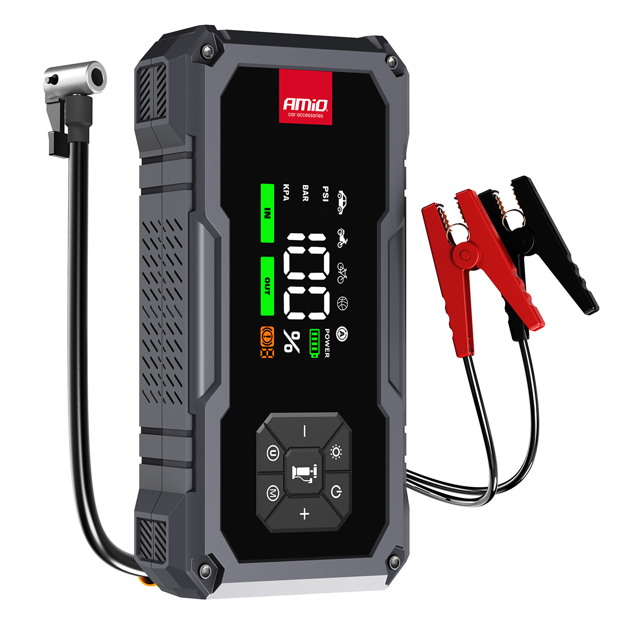 Amio Amio - Φορητός Εκκινητής Μπαταρίας (Jump Starter) με ενσωματωμένο Κομπρεσέρ Αέρα, Powerbank και Φακό LED τάση λειτουργίας 12V με χωρητικότητα 7,2Ah και μέγιστο ρεύμα εκκίνησης 600A για Επιβατικά Αυτοκίνητα - 1 τεμ. (04674/AM)