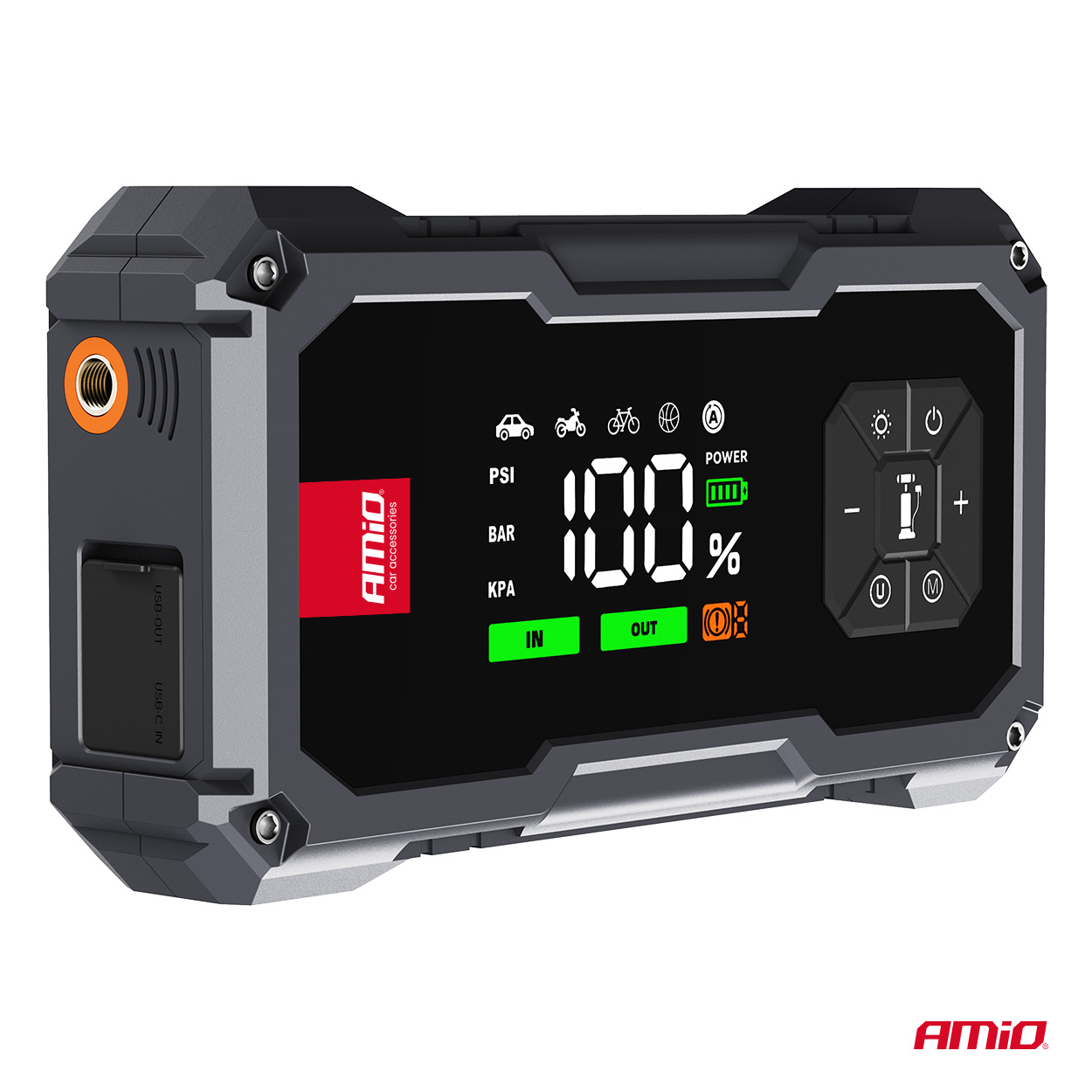 Amio Amio - Φορητός Εκκινητής Μπαταρίας (Jump Starter) με ενσωματωμένο Κομπρεσέρ Αέρα, Powerbank και Φακό LED τάση λειτουργίας 12V με χωρητικότητα 7,2Ah και μέγιστο ρεύμα εκκίνησης 600A για Επιβατικά Αυτοκίνητα - 1 τεμ. (04674/AM) - Image 4