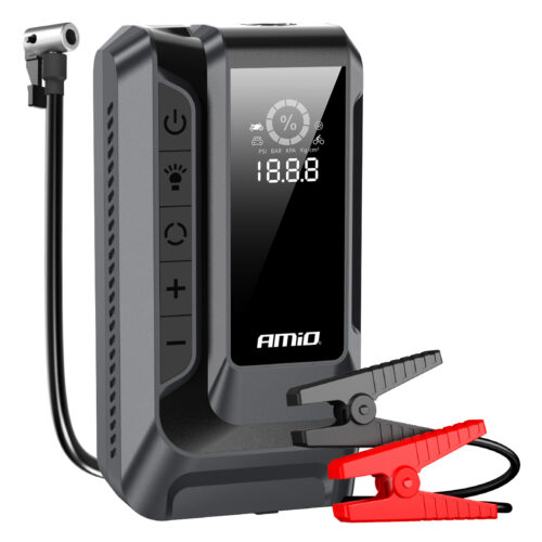 Amio Amio – Φορητός Εκκινητής Μπαταρίας (Jump Starter) 4 σε 1 με ενσωματωμένο Κομπρεσέρ Αέρα, Powerbank και Φακό LED τάση λειτουργίας 12V με χωρητικότητα 12Ah και μέγιστο ρεύμα εκκίνησης 1600A για Επιβατικά Αυτοκίνητα – 1 τεμ. (04677/AM)