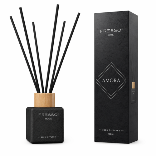 Fresso Fresso – Αρωματικό Χώρου με Στικ Amora 100 ml Premium Home Reed Diffuser με FlowScent, Μαύρο Γυάλινο Μπουκάλι και Μαύρα Στικ από Fiberglass – 1 Τεμ. (390013/FRE)