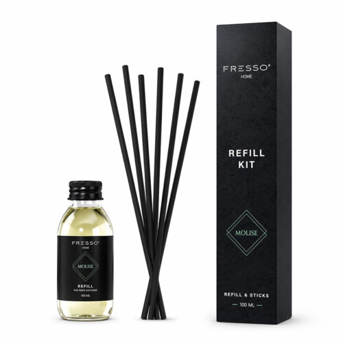 Fresso Fresso – Κιτ Αναπλήρωσης με Άρωμα Molise 100 ml Premium Home Refill Kit και 6 Μαύρα Στικ από Fiberglass για Αρωματικό Χώρου Reed Diffuser – 1 Τεμ. (390044/FRE)