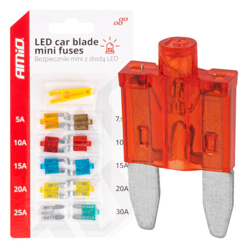 Amio Amio – Ασφάλειες Mini Blade (Μαχαιρωτές) με LED Ένδειξη Καμένης Ασφάλειας & Εργαλείο Αφαίρεσης για Άμεσο Έλεγχο Ηλεκτρικού Κυκλώματος OE – 10 Τεμ. (04340/AM)